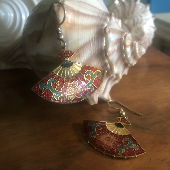 Vintage Cloisonné Fan Earrings - Picture 1 of 5